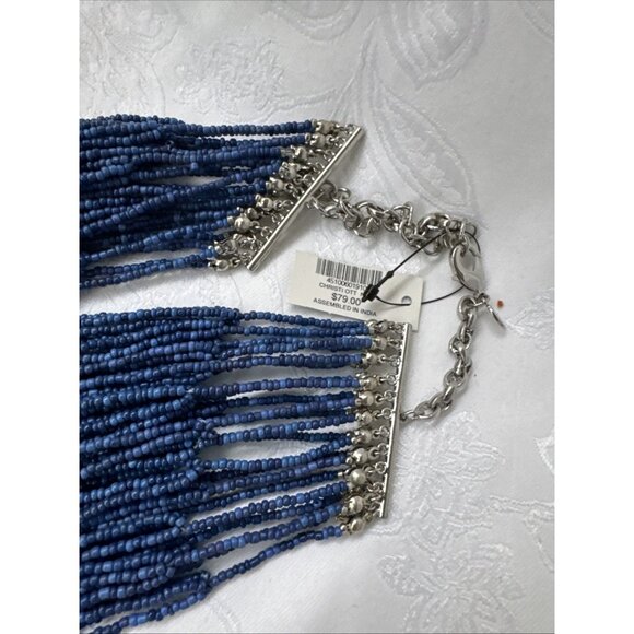 Chicos Blue Seed Bead Silver Tone 16" Long Layered Statement Necklace NEW - Picture 9 of 14